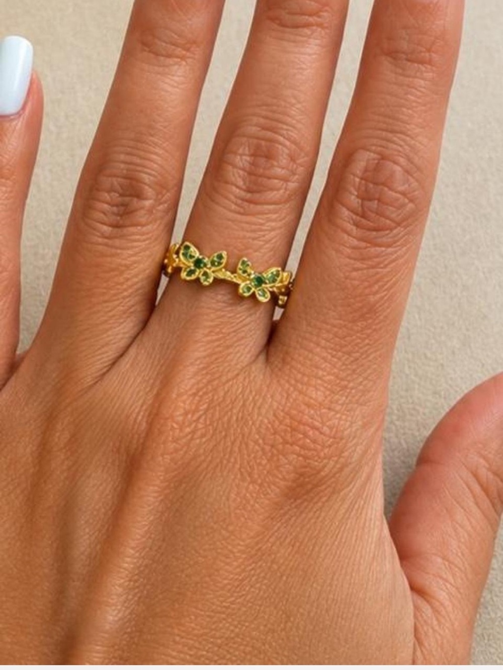 Gold Butterfly Fairycore Whimsical Ring with Green Stones - Women Jewelry